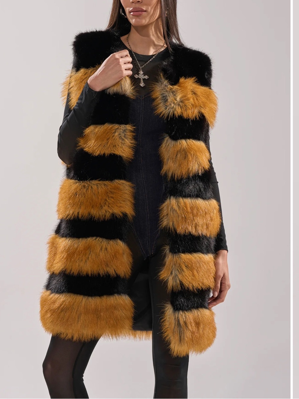 AKIRA Black and Mustard Faux Fur Striped Long Vest